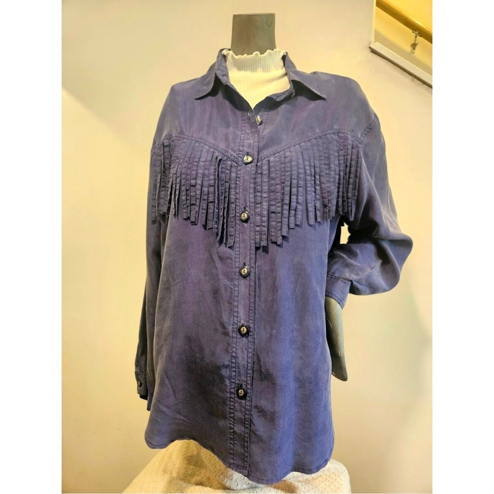 Fiji Sport Silk Shirt  Womens Slate-Blue Western Fringe Button-Up *VINTAGE 90s*
